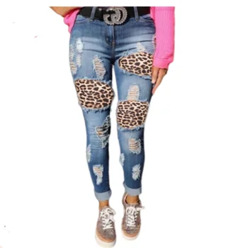 Kratinys Džinsai Moterims Leopard Ripped Jeans Woman Kelnės Ponios Femme, Mados Ilgai Džinsinio Audinio Kelnės 2020 Pantalones Vaqueros Mujer