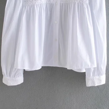 KUMSVAG 2020 m. Vasarą Moterys Nėrinių Palaidinės, Marškinėliai ilgomis Rankovėmis Viršūnes O-Kaklo Popelinowy Balta Moterų Elegantiškas Gatvės Mados Drabužių Viršų