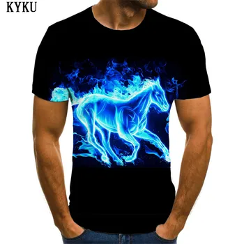 KYKU Gyvūnų marškinėliai Vyrams Liepsna Tshirts Atsitiktinis Arklių T-shirts 3d Juoda Marškinėlius Spausdinti Mens Drabužių Hip-hop Atsitiktinis Stiliaus Viršūnes