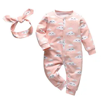 Kūdikio Mergina Drabužiai, Kūdikių Mergaitės Romper Mielas Animacinių filmų Pink Cloud Print Long Sleeve Jumpsuit+Lankelis 2vnt Naujagimių Bamblys Drabužiai