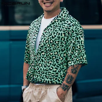 Leopardas Spausdinti Vyrų Havajų Marškinėliai Paplūdimys 2021 Trumpas Rankovės Atsitiktinis Palaidinė Atvartas Camisa Streetwear Vasaros Elegancija Vyrų Drabužiai INCERUN