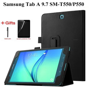 Litchi stiliaus Tablet Case For Samsung Galaxy Tab T550 P550 SM-T550 9.7 colių Apversti Stovėti PU Odos Smart Cover Atveju+filmas+rašiklis