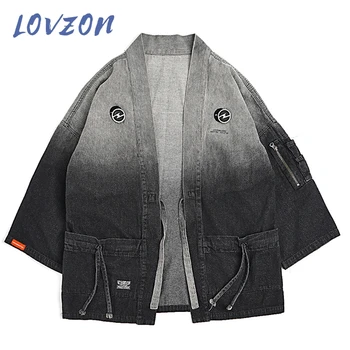 LOVZON 2021 Naujas Japonų Kimono Švarkas Gradiento Spalvos Hip-Hop Vyrai Džinsinio audinio Striukė Streetwear Harajuku Japonija Stiliaus Megztinis Švarkas