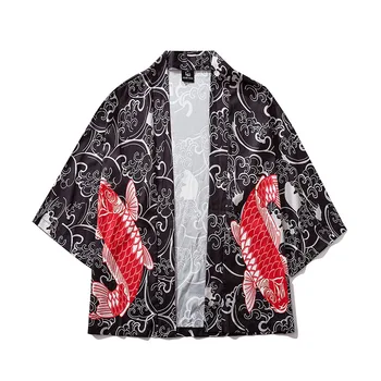 Mados Streetwear Animaciją Kačių, Žuvų Spausdinti Kimono Megztinis Skraiste Kinija Haori Obi Tradicinius Japonijos Drabužius, Moterims, Vyrams