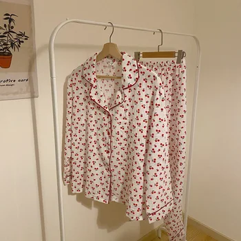 Medvilnės minkštas patogus moterų pižama nustatyti, pavasarį, rudenį, vyšnių namų drabužius 2 dalių komplektas prarasti atsitiktinis sleepwear kostiumas Y254