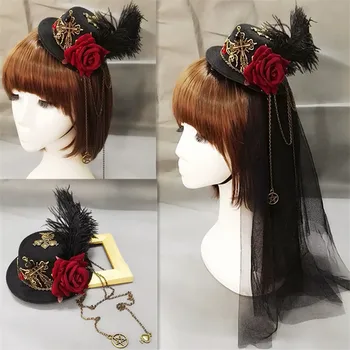 Merginos Derliaus Steampunk Fedora Skrybėlę Lolita Little Skrybėlę Mini Top Hat Plaukų Įrašą Gėlių, Plunksnų Apdailos Apdangalai, Vinjetė Cosplay