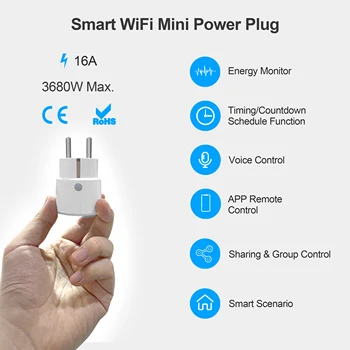 Mini ES Smart Plug Wifi Lizdas 16A, Galios Stebėti TuyaSmart App/Balso/Laiko, Nuotolinio Valdymo pultas Veikia su Alexa 