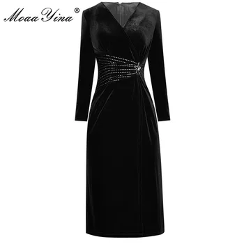 MoaaYina Mados Dizaineris suknelė Rudenį Moterų Suknelė su V-kaklo, ilgomis rankovėmis Ruched Duobute Elegantiškas Aksomo Suknelės