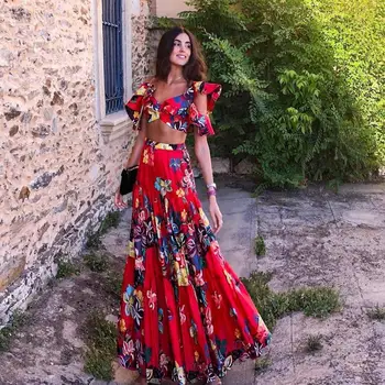 Moteris, Dviejų Dalių Komplektas Summer Maxi Dress Gėlių Spausdinti Seksualus Spagečiai Dirželiai Raudona Boho Paplūdimio Suknelė Ilga Suknelė Vestidos