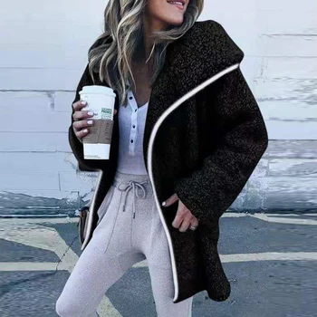 Moteris Rudens-Žiemos vientisos Spalvos ilgomis Rankovėmis Dirbtiniais Fleece Loose Šilta Striukė Kailis Purus Viršutiniai Moterų Streetwear M-3XL