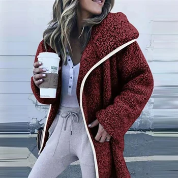 Moteris Rudens-Žiemos vientisos Spalvos ilgomis Rankovėmis Dirbtiniais Fleece Loose Šilta Striukė Kailis Purus Viršutiniai Moterų Streetwear M-3XL