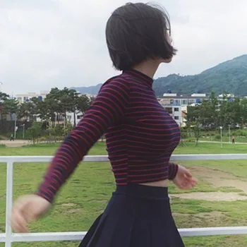 Moteriški Harajuku Mados Dryžuotas Slim Apkarpytos Top marškinėliai korėjos Stiliaus ilgomis Rankovėmis T Shirts