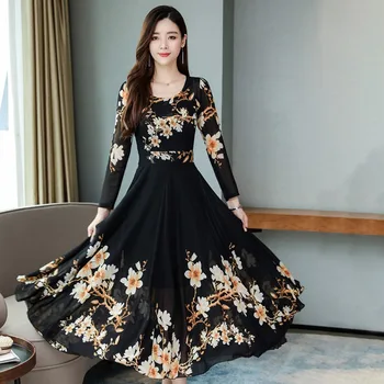 Moterys, Rudens Dress Gėlių Spausdinti Elegantiška Suknelė Ilgomis Rankovėmis Aukštos Juosmens-Line Suknelė Mados V-Kaklo Suknelė