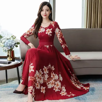 Moterys, Rudens Dress Gėlių Spausdinti Elegantiška Suknelė Ilgomis Rankovėmis Aukštos Juosmens-Line Suknelė Mados V-Kaklo Suknelė
