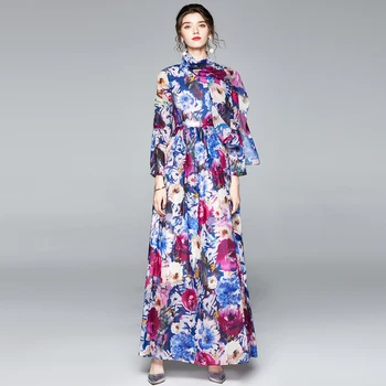 Moterų 2020 kilimo ir tūpimo Tako Naujas Mados Nėrinių Gėlių Spausdinti Ilgos šifono Rankovės Maxi Suknelė Elegantiškas atsitiktinis slim Atostogų Ilga Suknelė