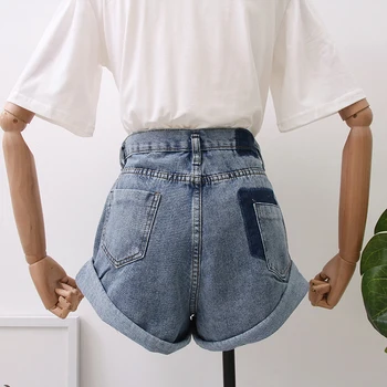 Moterų Klostyti garbanoti džinsinio šortai karšto šortai moteriška džinsai atsitiktinis šortai Didelio juosmens pločio kojų džinsinio šortai moterims 2019