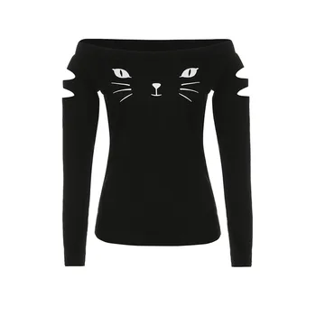 Moterų Marškinėlius Tees Viršūnes Moterų Sexy Off Peties Skylę Long Sleeve T-Shirt Katė Spausdinti Juodos spalvos Medvilniniai Marškinėliai Plius Dydis drabužių marškinėlius