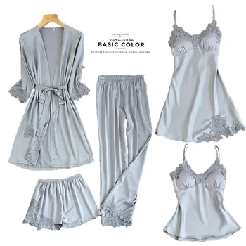Moterų pižama pižamą Ledo Šilko sleepwear moterims, Chalatai moterims pižama rinkinys 5vnt/set pižama