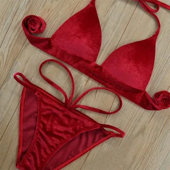 Moterų Raudonos Aksomo Bikini Komplektas 2018 Naujas Vasaros Stiliaus, Push-up Tvarstis Apynasrio Bikini Nustatyti maudymosi kostiumėlį, Seksualus Trikampis, maudymosi Kostiumėliai, Maudymosi Kostiumą
