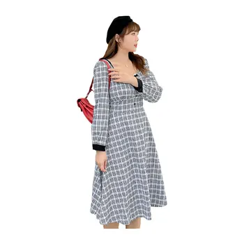 Moterų rudens prancūzijos aikštėje apykaklės, kontrastas spalvos žymės mygtuką suknelė plius dydis blauzdos ilgis atsitiktinis suknelė 100 kg, gali būti dėvėti