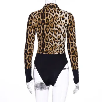 Moterų Sexy, Leopardas Bodysuit Ilgomis Rankovėmis Priekiniai Pusė Zip Bodycon Bodysuit Ponios Leopard Vienas Gabalas Šortai Jumpsuit Rompers