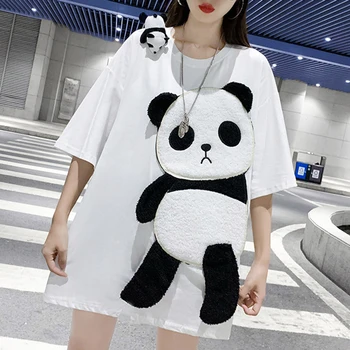 Moterų Siuvinėjimo Panda Animacinių filmų T-shirt Ilgai stilių, O Kaklo Prarasti Tee Topai marškinėliai moterims, moteriška