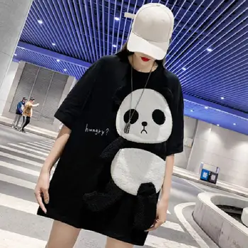 Moterų Siuvinėjimo Panda Animacinių filmų T-shirt Ilgai stilių, O Kaklo Prarasti Tee Topai marškinėliai moterims, moteriška