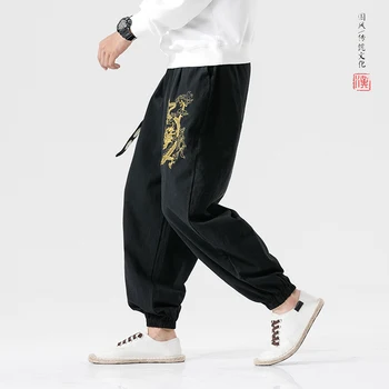 MRDONOO Stiliaus Kinijos Drakonas Siuvinėjimo Atsitiktinis Haremo Kelnės Plačios kojos Poilsiu Kelnės Su Diržo Prarasti Kulkšnies Surištas Vyrų Kelnės