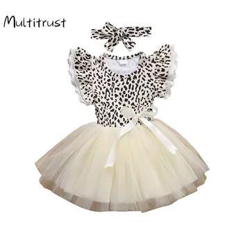 Multitrust 0-4Y Vasaros Princesė Vaikams, Kūdikių Mergaitės Suknelė, Lankelis 2vnt Leopardas Spausdinti Ruffles Rankovėmis Nėrinių Tutu Suknelė