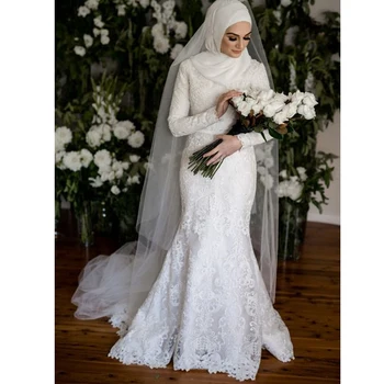 Musulmonų Vestuvių Suknelės Su Hijab-line ilgomis Rankovėmis, Aukštu Kaklu Aplikacijos Tiulio Grindų Ilgis Nėrinių Grindų Ilgis gelinlik į Dubia