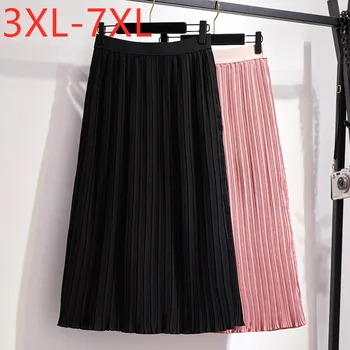 Naujas 2021 Korėja vasaros plius dydžio ilgas sijonas moterims didelis atsitiktinis palaidų šifono plisuotas sijonas, juoda rausva 3XL 4XL 5XL 6XL 7XL