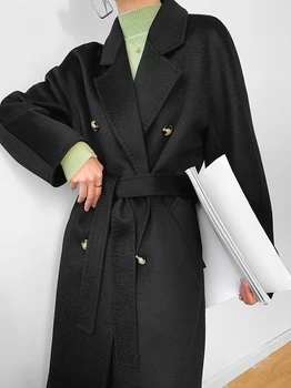 Naujas aukštos klasės vanduo vilnija dvigubo breasted retro elegantiškas moterų ilgas vilnonis paltas kašmyro paltas