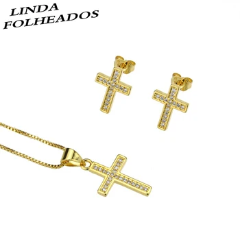 Naujas dizainas, aukso, vario balta kubinis cirkonis mažas kryžius, auskarai, karoliai moterų osioms šalies paprasta papuošalų rinkinys dovanų