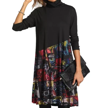 Naujas Moterų Rudenį Atsitiktinis Kasdien Golfo ilgomis Rankovėmis Kratinys Print-Line Suknelė Kelio Ilgio Suknelė