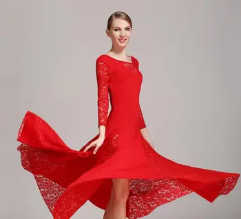 Naujas nėrinių sportinių šokių suknelė moteris ilgomis rankovėmis valsas tango šokių suknelės standartinių šokių suknelė juoda/raudona/mėlyna/žalia