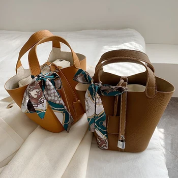 Naujas PU odos petį rankinė krepšys krepšys mados universalus kibirą, maišą šilko skara didelės talpos moterų krepšys