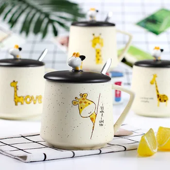 Naujas stereoskopinis sezamo žirafa keraminiai Puodeliai su dangteliu ir šaukštu,480ml kūrybos animacinių filmų puodeliai kavos puodelis vandens, puodelis Drinkware