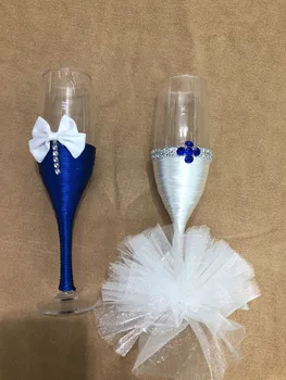 Naujausia 1 pora/daug mėlynos ir baltos Bowknot vestuvių Šampanas Skrudinimas Akiniai Nustatyti vestuvių dekoravimas