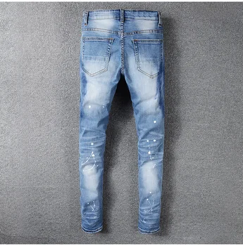 Nauji vyriški vyrų kalnų krištolas kristalų kratinys šviesiai mėlyna kankina džinsai Slim fit liesas ruožas džinsinio audinio kelnės kelnės