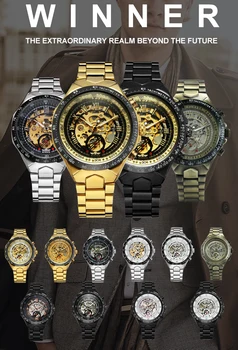 NUGALĖTOJAS Oficialiai Prekės Prabanga Aukso laikrodis Vyrams, Mechaninė Automatinė Verslo Laikrodžiai Skeletas Dial Plieno Dirželis Klasikiniai Laikrodžiai
