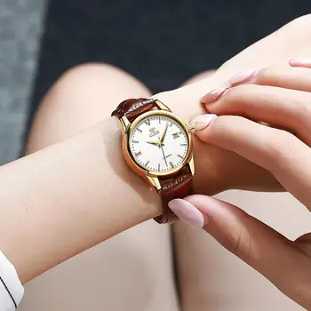 OLEVS Moterų Automatinis Mechaninis laikrodis, Laikrodžiai Moterims, Rudos Odos Moteriški Laikrodžiai Atsitiktinis Šviesos Vandeniui Laikrodis