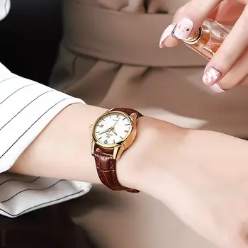 OLEVS Moterų Automatinis Mechaninis laikrodis, Laikrodžiai Moterims, Rudos Odos Moteriški Laikrodžiai Atsitiktinis Šviesos Vandeniui Laikrodis
