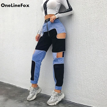OneLineFox Mados Hip-Hop Krovinių Kelnės Moterims Tuščiaviduriai Iš Aukšto Liemens Kelnės Streetwear Kratinys Sweatpants ir Poilsiu Ponios
