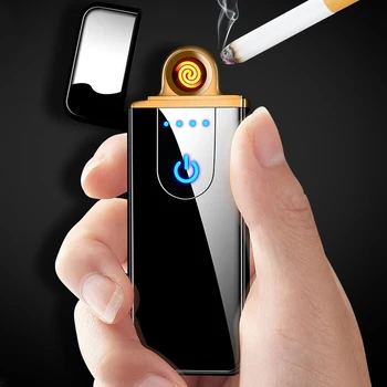 Pirštų atspaudų Indukcijos Įkraunamas USB Žiebtuvėlis Flameless Vėjo Lengvesni Kūrybos Metalo dvipusis Cigarečių Žiebtuvėliai Vyrai