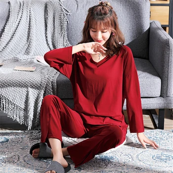Pižama rudenį vientisos spalvos seksualus V-kaklo, ilgomis rankovėmis pižamą namų paslauga atitiktų moterų medvilnės laisvus bazinės sleepwear pižamos moterims