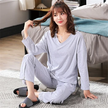 Pižama rudenį vientisos spalvos seksualus V-kaklo, ilgomis rankovėmis pižamą namų paslauga atitiktų moterų medvilnės laisvus bazinės sleepwear pižamos moterims