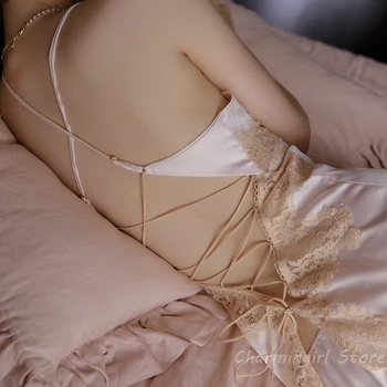 Prancūzų Nėriniai Nightgowns su Šilko Seksualus Backless Petnešos Spagečiai Dirželiai Rankovių Mini Suknelė Moterims Artimieji Satino Pižama