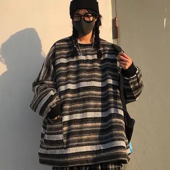 Puloveriai Moterims Negabaritinių Vienos Lyties Porų Japonijos Dryžuotas Megztiniai Megztinis Hip-Hop Moterų Naują Žiemos Mados Retro Dienos