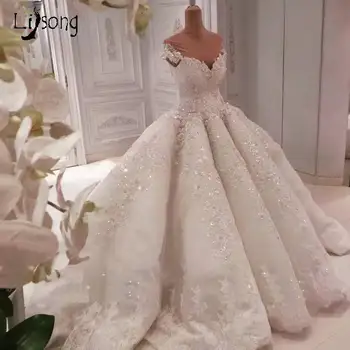 Puošnus Nėrinių 3D Gėlių Vestuvių Suknelės Su ilgomis Traukinio Sparkle Zawalcowany Kristalų Vestuvinės Suknelės, Uždusęs Kamuolys Chalatai Užsakymą
