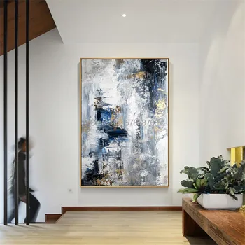 Rankomis dažyti Abstrakčiai aliejaus tapybai Šiuolaikinio Meno Tapybos Didelis MĖLYNAS Sidabro Pilkumo Vertikalios sienos nuotrauką, šiuolaikinio Dizaino Kūrinys